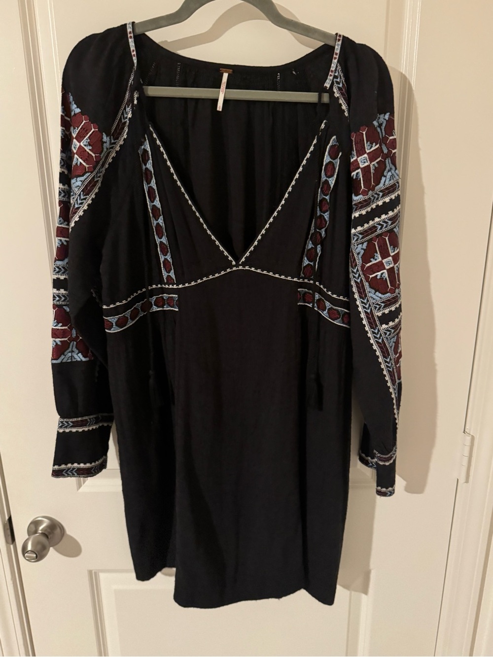 Free People Black Long Sleeve Boho Dress with Burgundy & Light Blue Embroidery